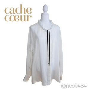 Cache Coeur White Lace Trimmed‎ Ruffle Neck Long Sleeve Maternity Blouse Top XL